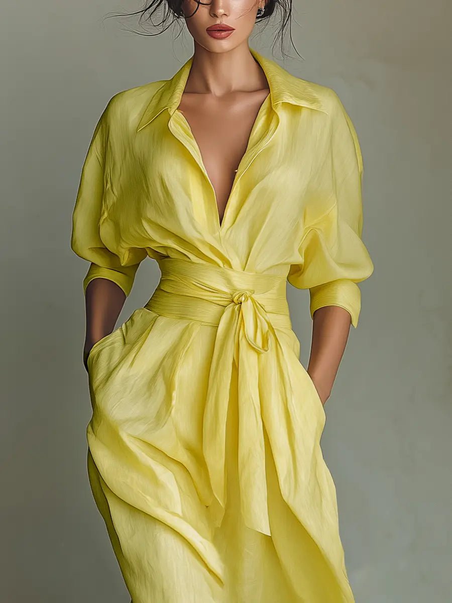 Damen Leinen-Baumwoll Maxi Hemdkleid mit V-Ausschnitt