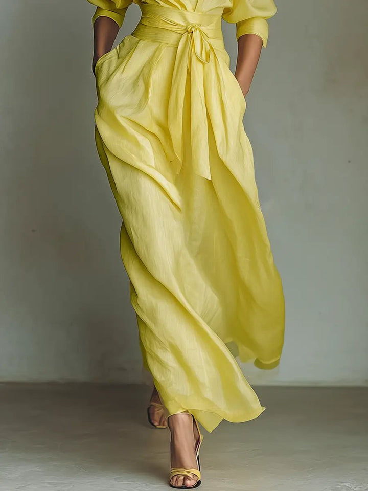 Damen Leinen-Baumwoll Maxi Hemdkleid mit V-Ausschnitt