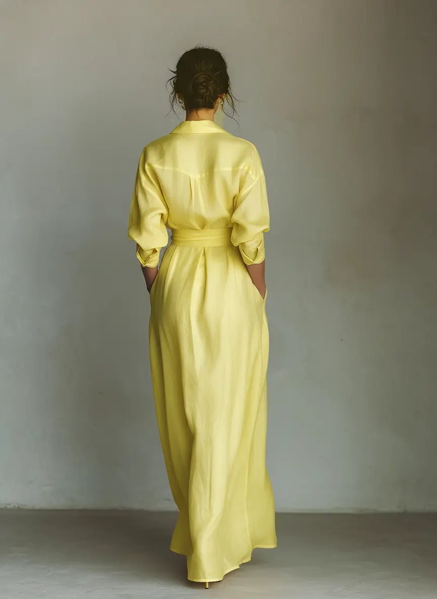 Damen Leinen-Baumwoll Maxi Hemdkleid mit V-Ausschnitt