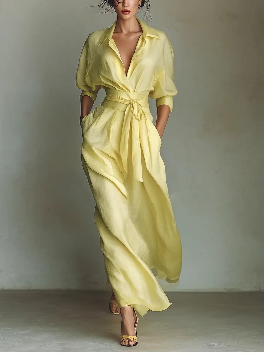Damen Leinen-Baumwoll Maxi Hemdkleid mit V-Ausschnitt