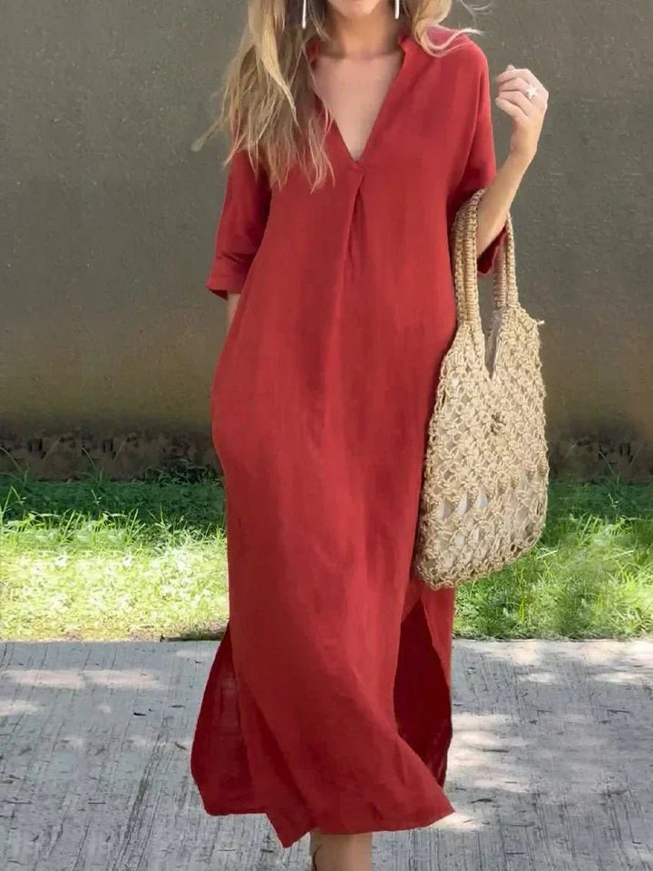 Damen Leinen-Baumwoll Maxi-Sommerkleid V-Ausschnitt Halbarm - Red (Almost sold out)