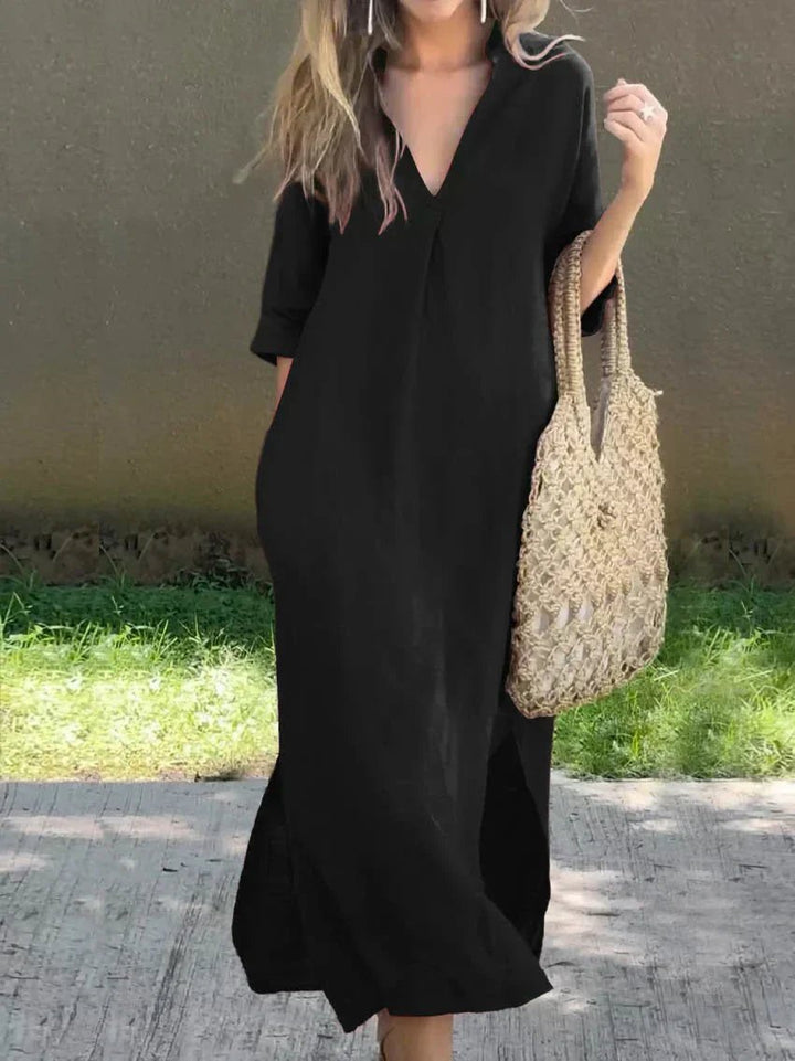 Damen Leinen-Baumwoll Maxi-Sommerkleid V-Ausschnitt Halbarm - Black (Almost sold out)