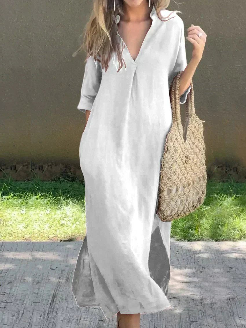 Damen Leinen-Baumwoll Maxi-Sommerkleid V-Ausschnitt Halbarm - White