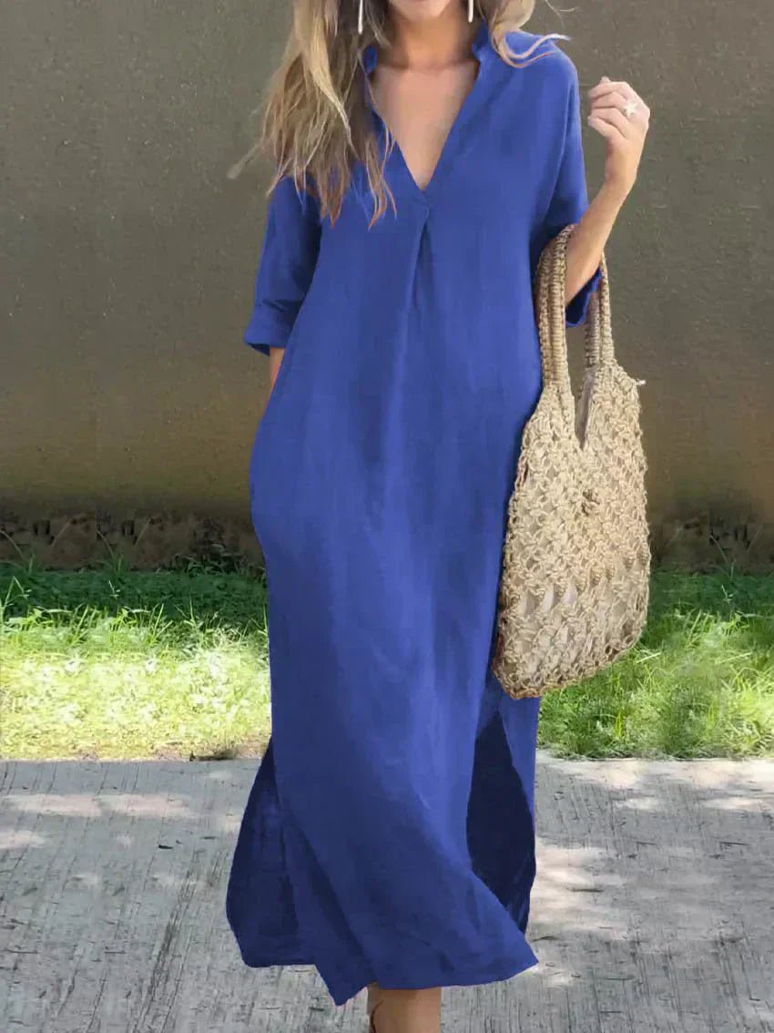 Damen Leinen-Baumwoll Maxi-Sommerkleid V-Ausschnitt Halbarm - Blue