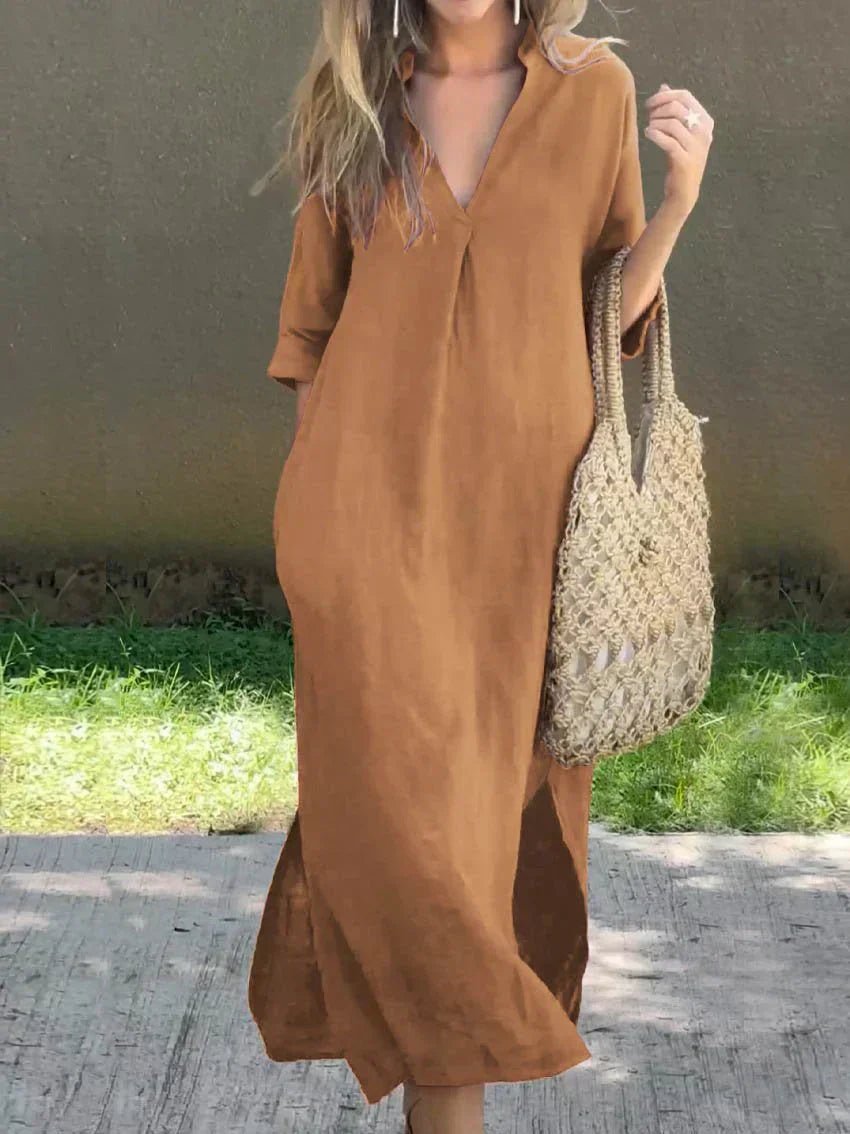 Damen Leinen-Baumwoll Maxi-Sommerkleid V-Ausschnitt Halbarm - Brown
