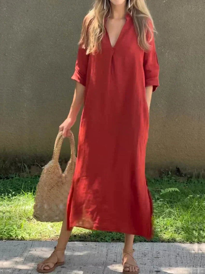 Damen Leinen-Baumwoll Maxi-Sommerkleid V-Ausschnitt Halbarm