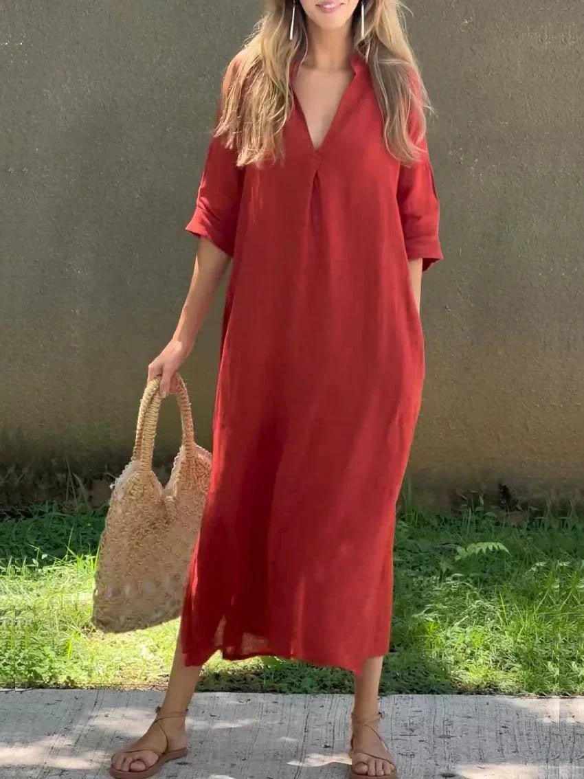 Damen Leinen-Baumwoll Maxi-Sommerkleid V-Ausschnitt Halbarm