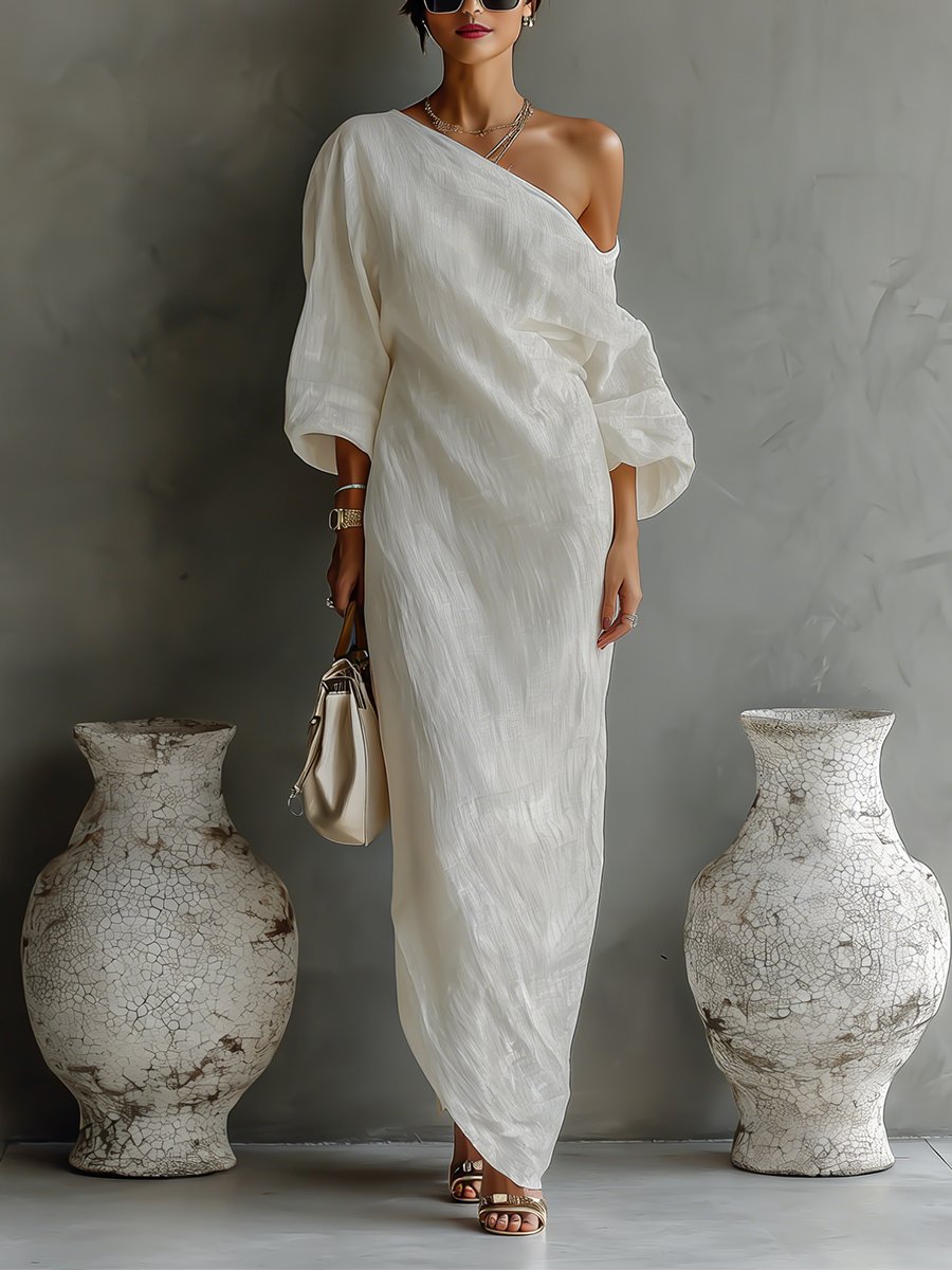 Damen Leinen-Baumwoll One-Shoulder Maxi Kleid - Ivory White