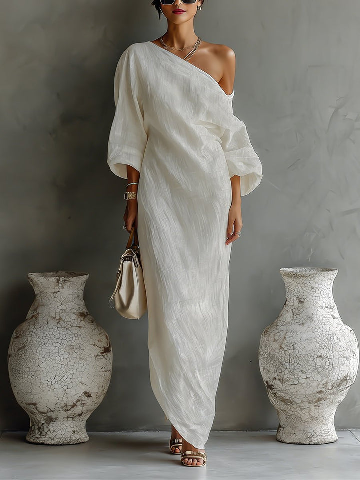 Damen Leinen-Baumwoll One-Shoulder Maxi Kleid - Ivory White