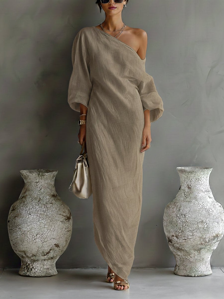 Damen Leinen-Baumwoll One-Shoulder Maxi Kleid - Khaki