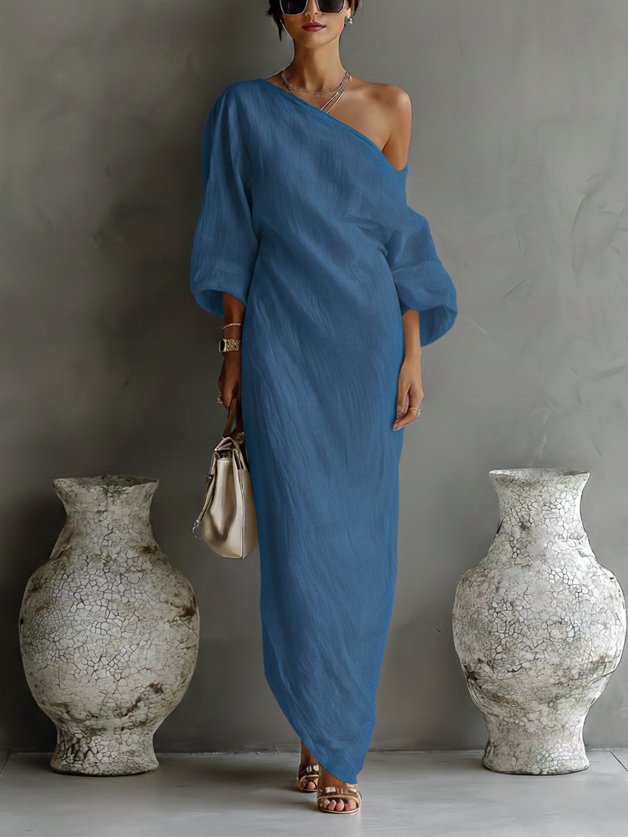 Damen Leinen-Baumwoll One-Shoulder Maxi Kleid - Blue