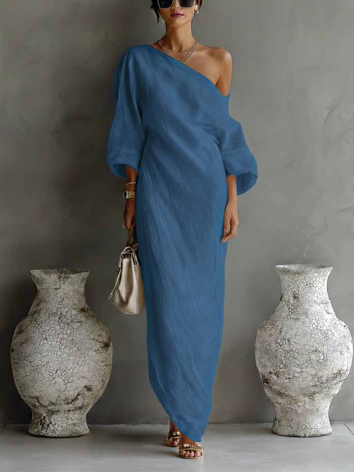 Damen Leinen-Baumwoll One-Shoulder Maxi Kleid - Blue