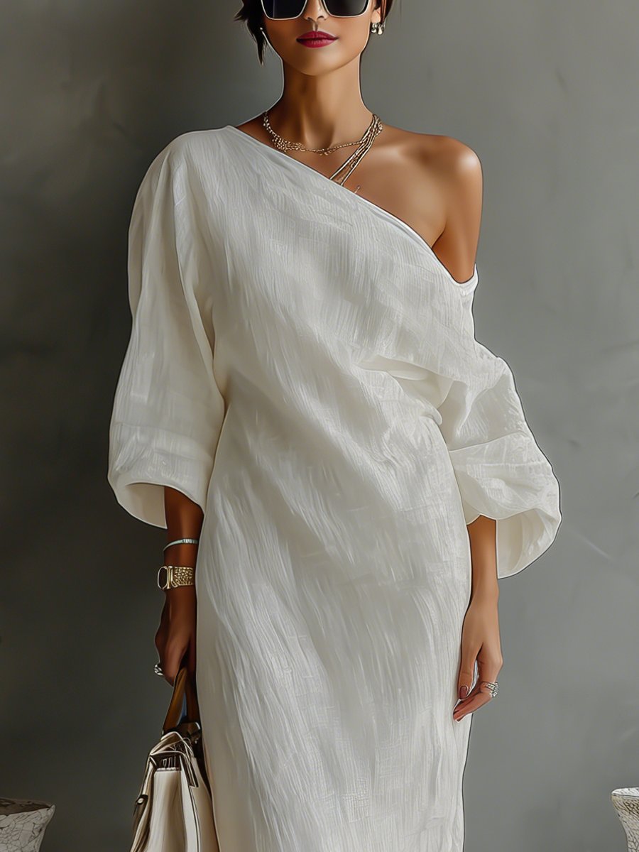 Damen Leinen-Baumwoll One-Shoulder Maxi Kleid