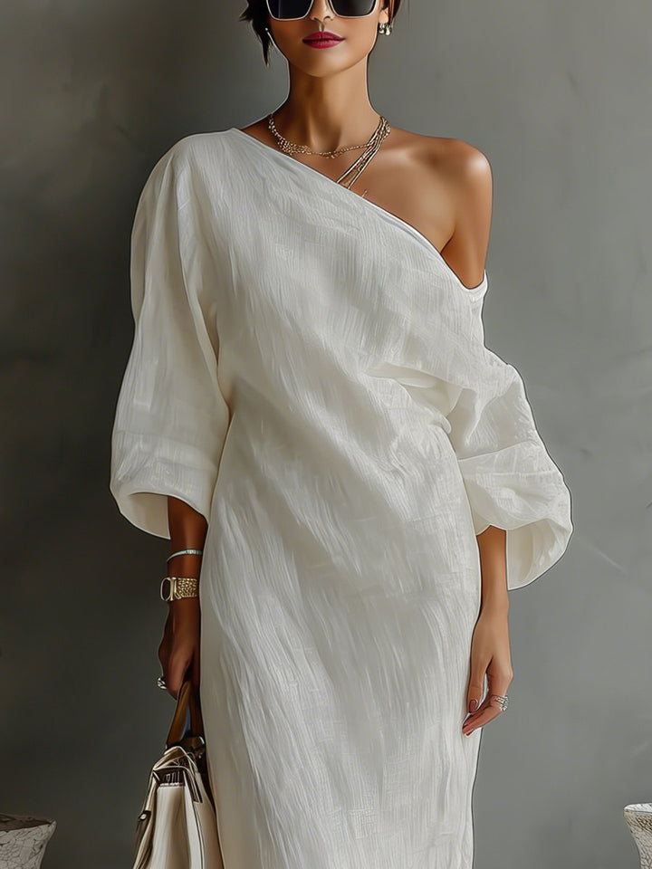 Damen Leinen-Baumwoll One-Shoulder Maxi Kleid