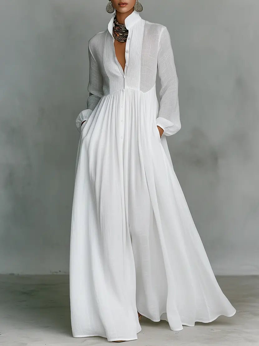 Damen Leinen-Baumwolle Stehkragen Knopfleiste Maxikleid - White
