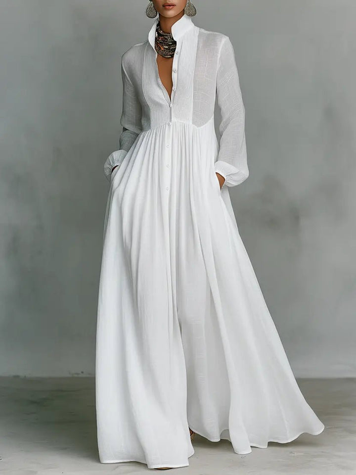Damen Leinen-Baumwolle Stehkragen Knopfleiste Maxikleid - White