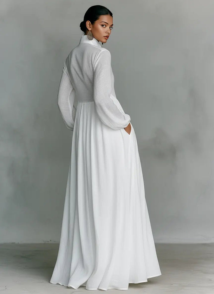 Damen Leinen-Baumwolle Stehkragen Knopfleiste Maxikleid