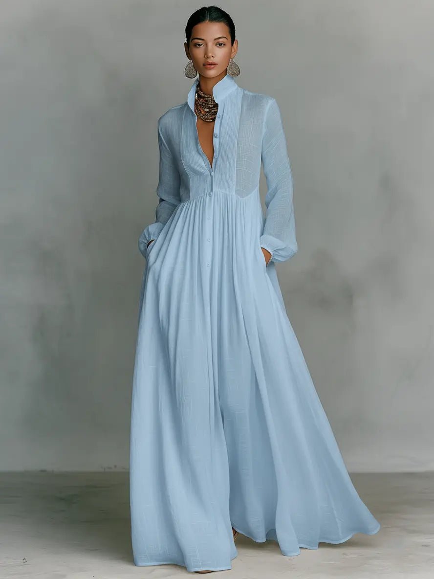 Damen Leinen-Baumwolle Stehkragen Knopfleiste Maxikleid - Blue