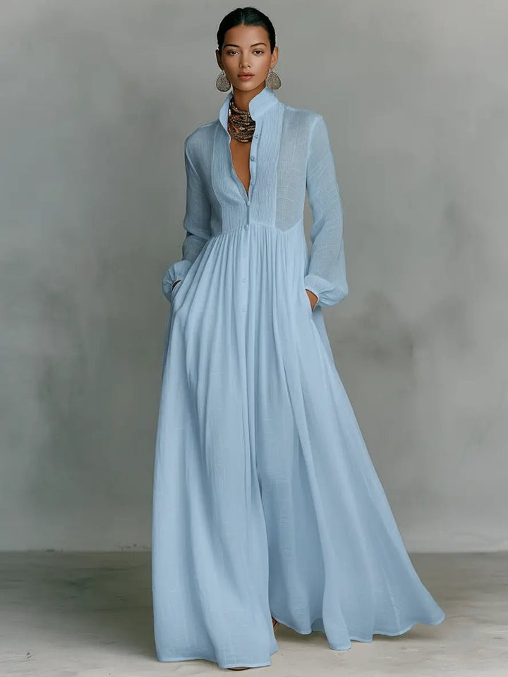 Damen Leinen-Baumwolle Stehkragen Knopfleiste Maxikleid - Blue