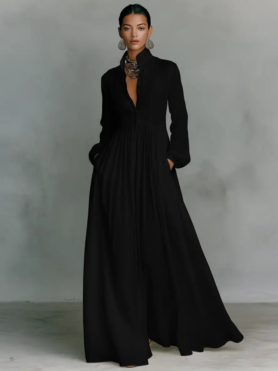 Damen Leinen-Baumwolle Stehkragen Knopfleiste Maxikleid - Black
