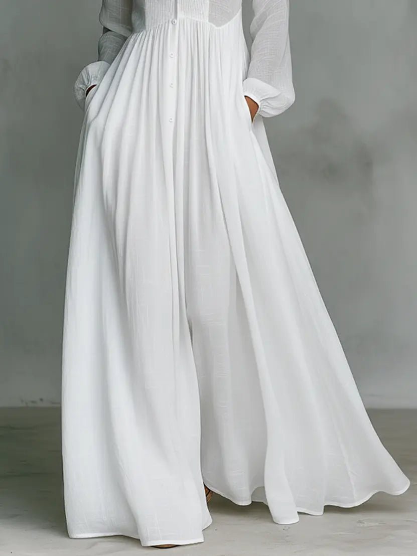 Damen Leinen-Baumwolle Stehkragen Knopfleiste Maxikleid