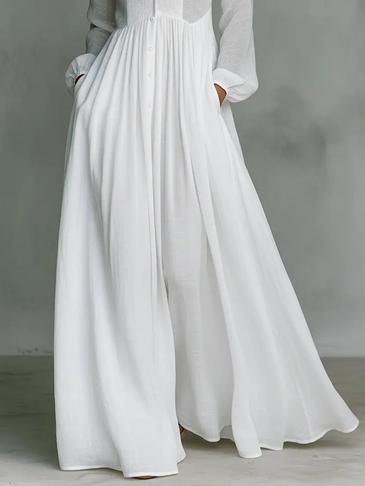 Damen Leinen-Baumwolle Stehkragen Knopfleiste Maxikleid