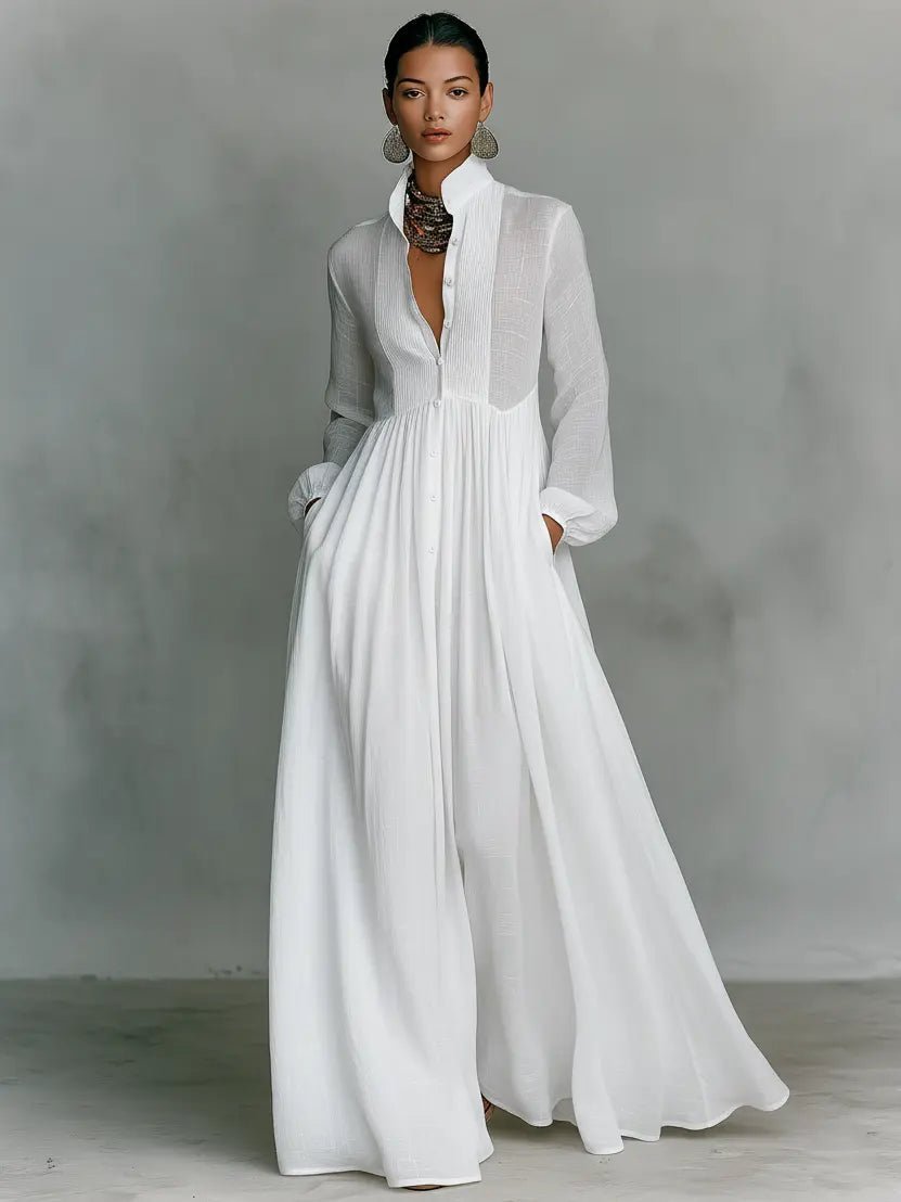 Damen Leinen-Baumwolle Stehkragen Knopfleiste Maxikleid