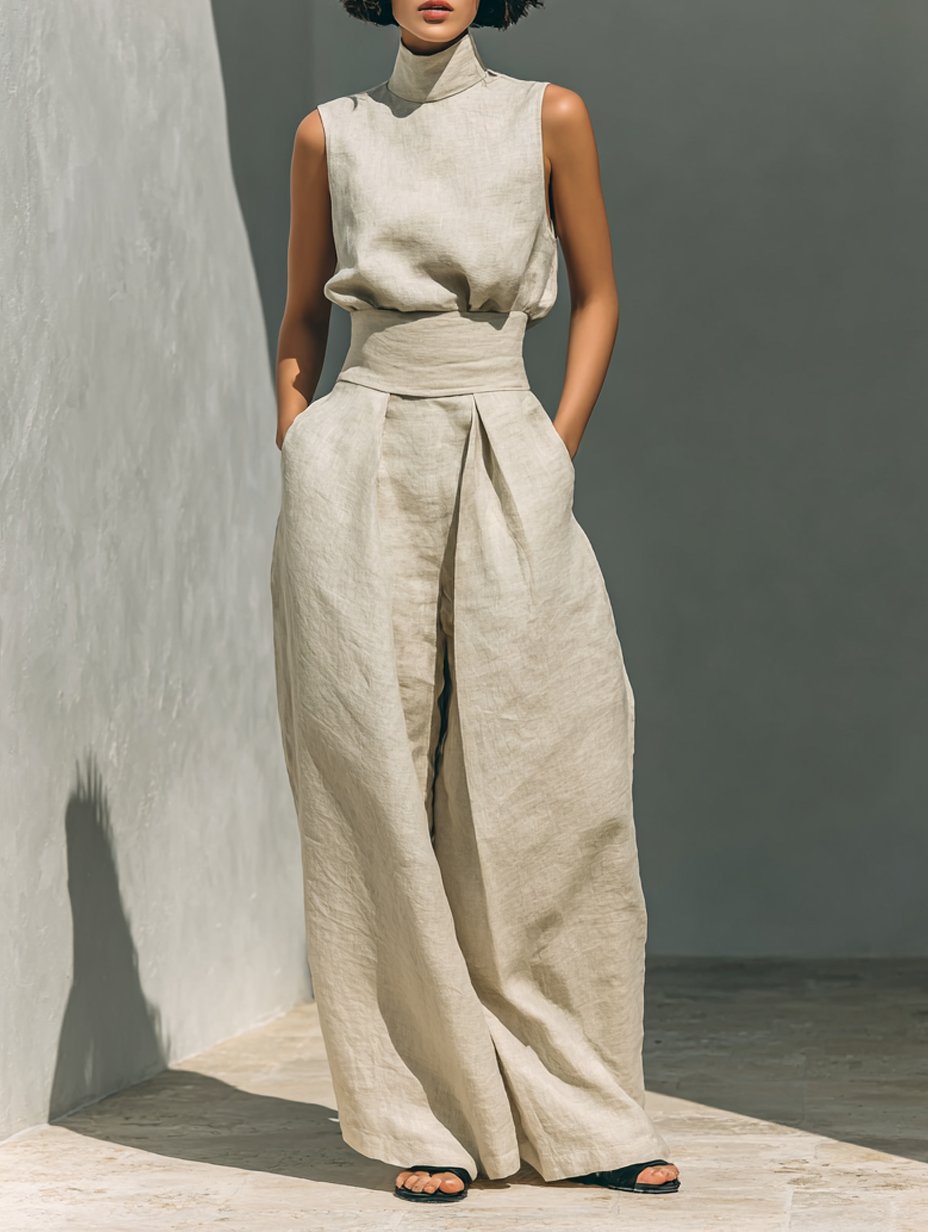 Damen Leinen-Baumwolle Zweiteiliges Set Ärmellose Bluse Weite Hose - Khaki