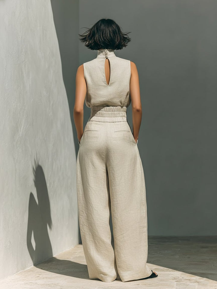 Damen Leinen-Baumwolle Zweiteiliges Set Ärmellose Bluse Weite Hose