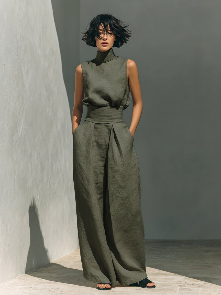 Damen Leinen-Baumwolle Zweiteiliges Set Ärmellose Bluse Weite Hose - Army Green