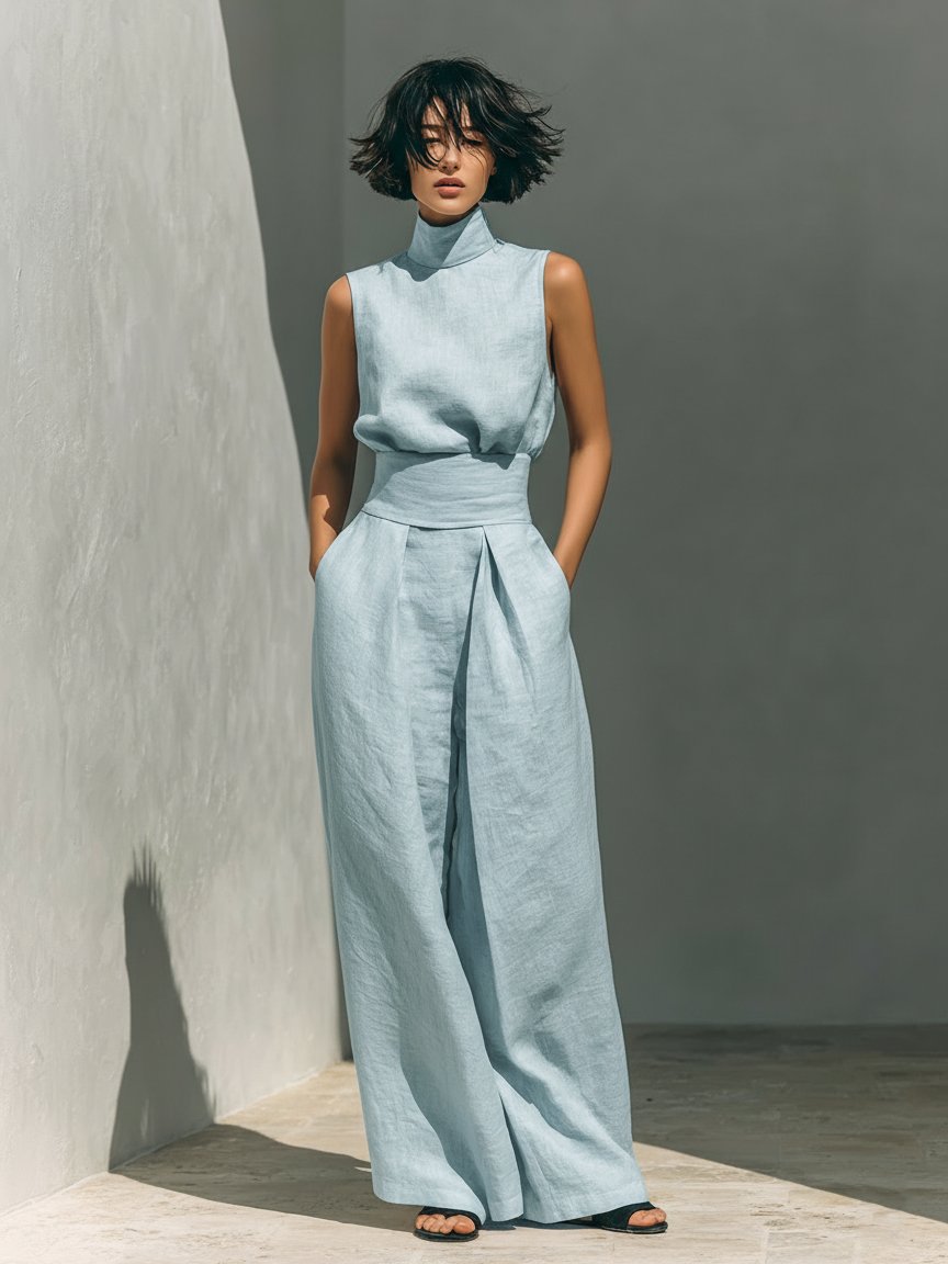 Damen Leinen-Baumwolle Zweiteiliges Set Ärmellose Bluse Weite Hose - Light Blue
