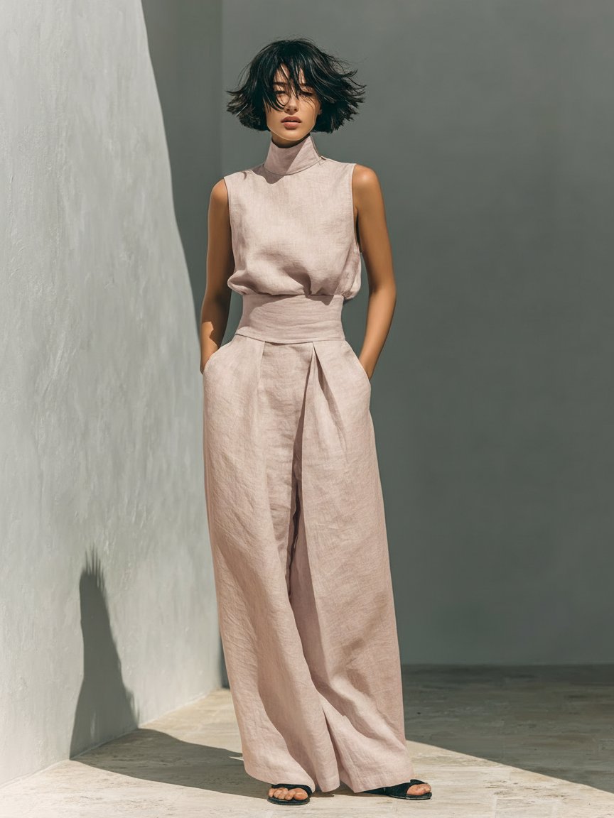 Damen Leinen-Baumwolle Zweiteiliges Set Ärmellose Bluse Weite Hose - Light Pink