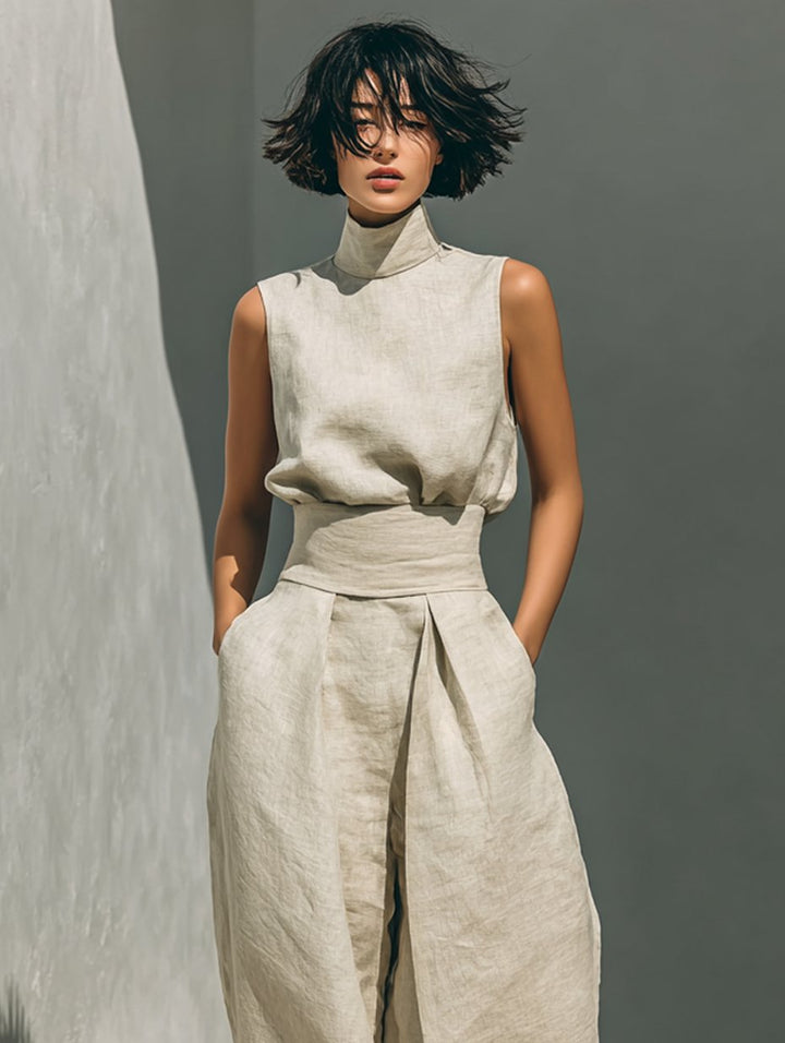 Damen Leinen-Baumwolle Zweiteiliges Set Ärmellose Bluse Weite Hose