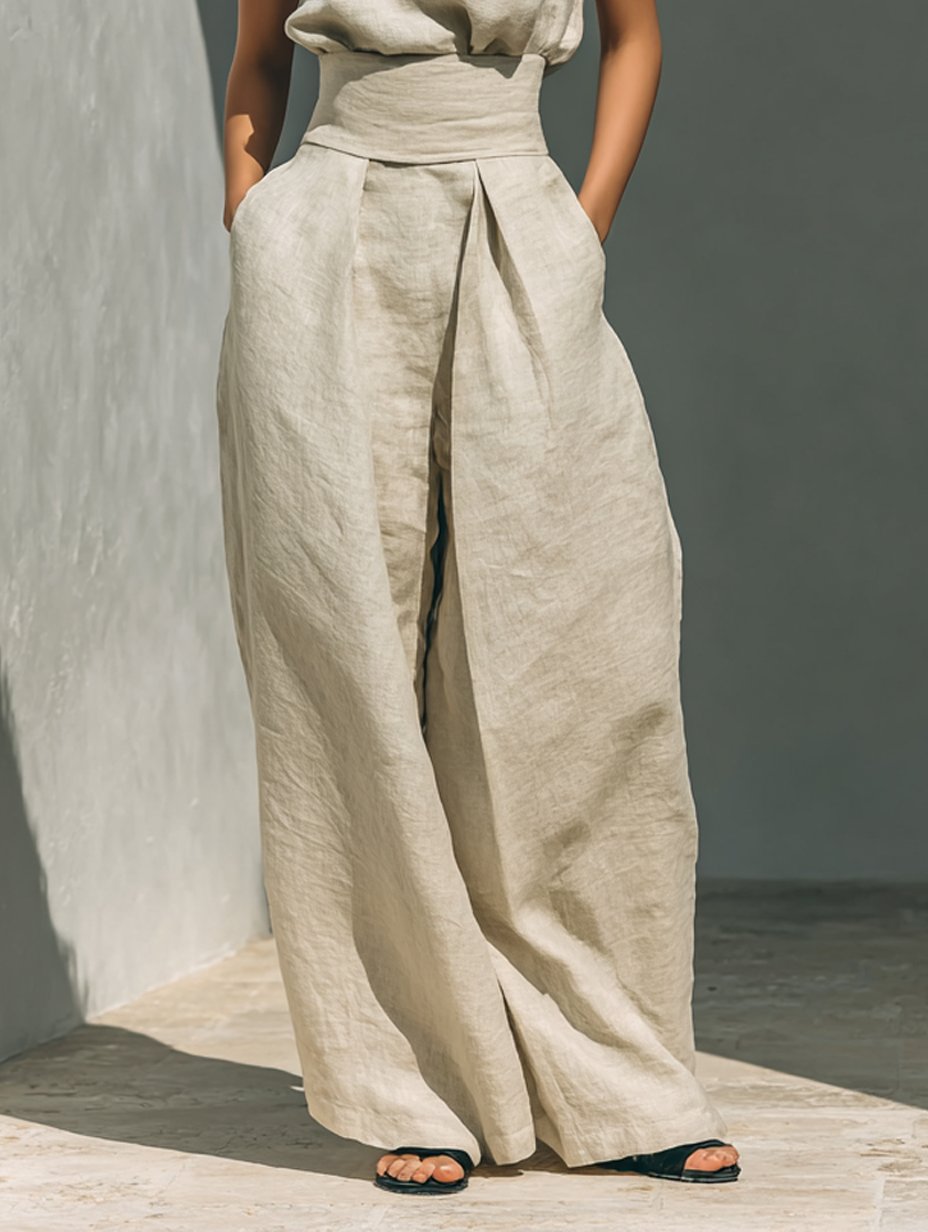 Damen Leinen-Baumwolle Zweiteiliges Set Ärmellose Bluse Weite Hose