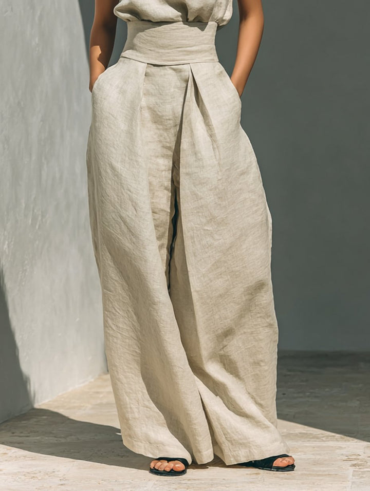 Damen Leinen-Baumwolle Zweiteiliges Set Ärmellose Bluse Weite Hose
