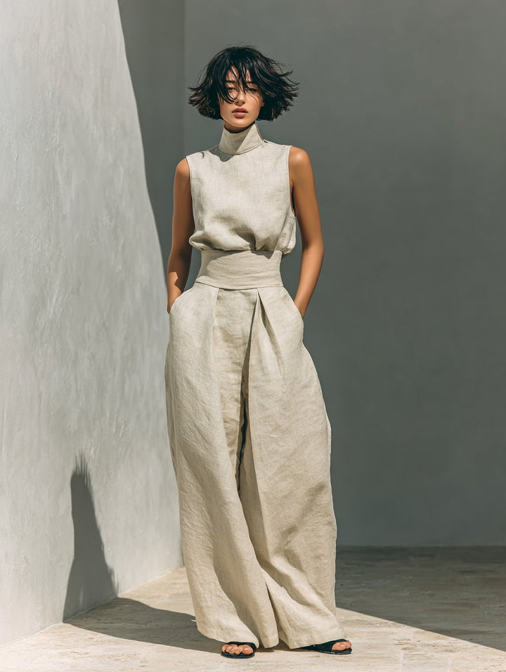Damen Leinen-Baumwolle Zweiteiliges Set Ärmellose Bluse Weite Hose