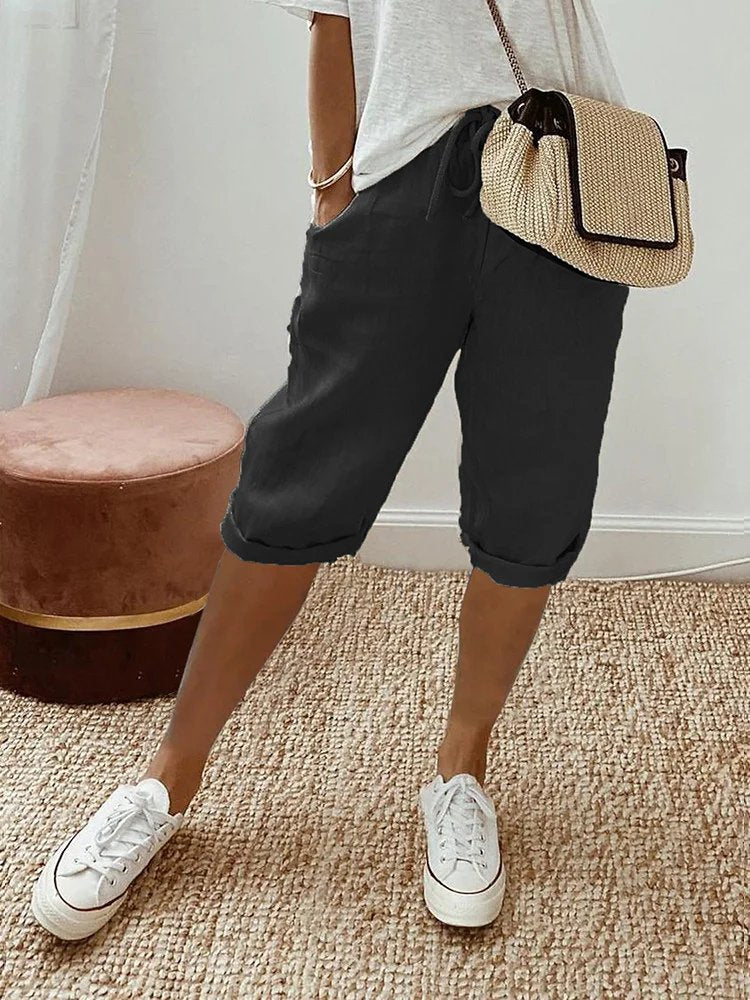 Damen Leinen Bermuda Shorts mit Kordelzug Cropped - Black