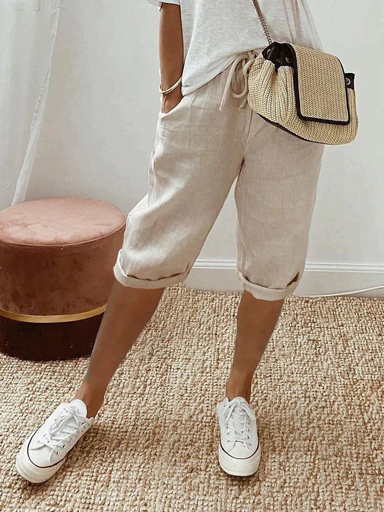 Damen Leinen Bermuda Shorts mit Kordelzug Cropped - Beige