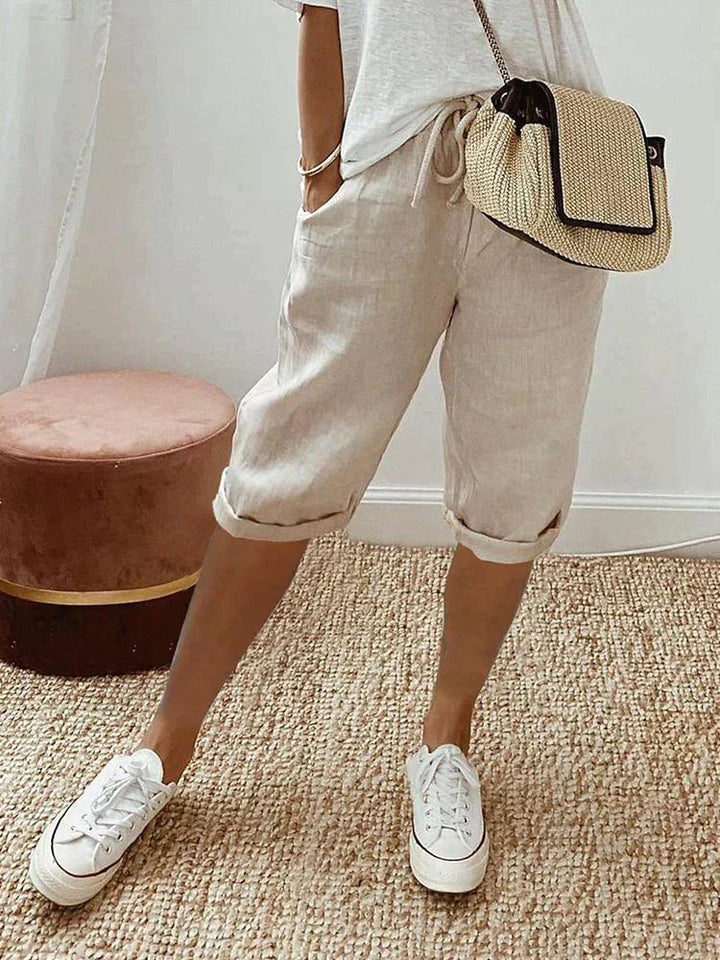 Damen Leinen Bermuda Shorts mit Kordelzug Cropped - Beige