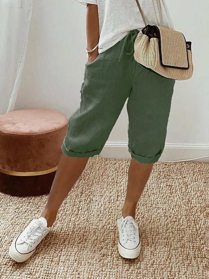 Damen Leinen Bermuda Shorts mit Kordelzug Cropped - Army Green