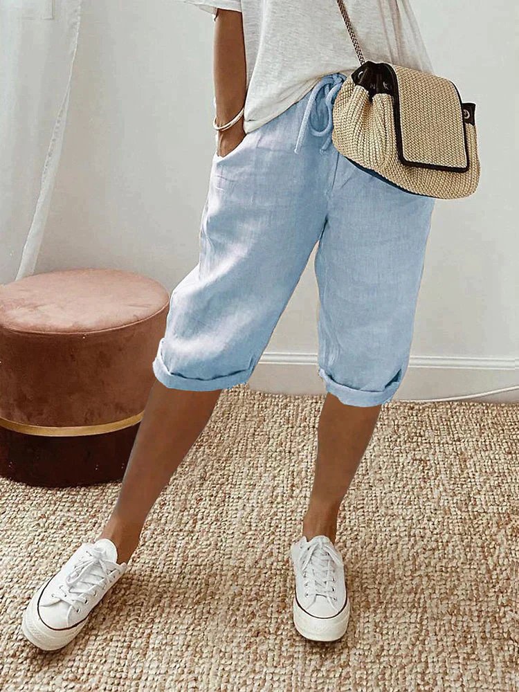 Damen Leinen Bermuda Shorts mit Kordelzug Cropped - Light Blue