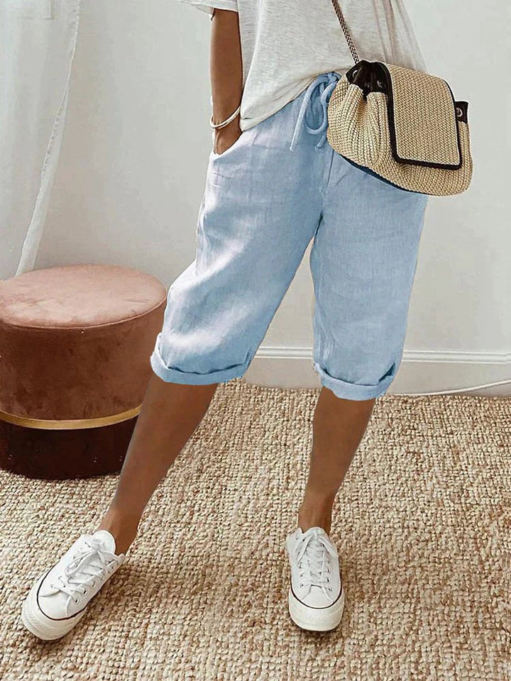Damen Leinen Bermuda Shorts mit Kordelzug Cropped - Light Blue
