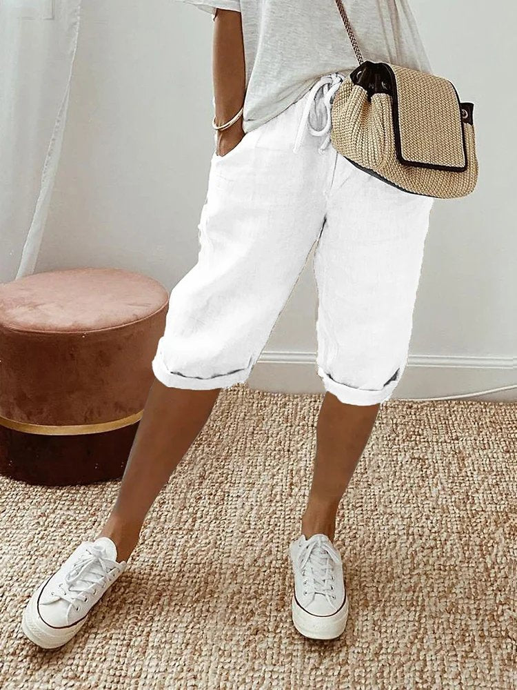 Damen Leinen Bermuda Shorts mit Kordelzug Cropped - White