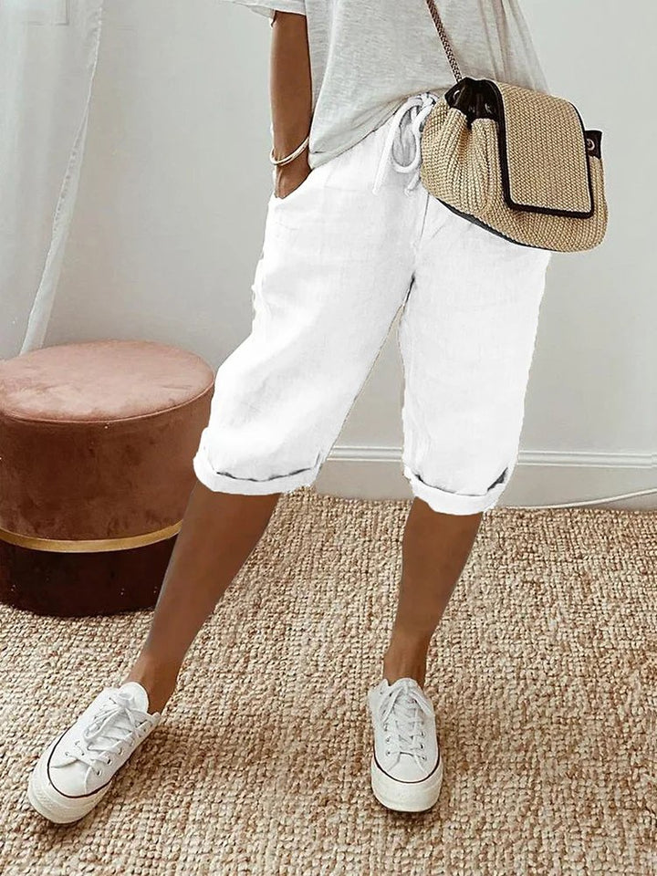 Damen Leinen Bermuda Shorts mit Kordelzug Cropped - White