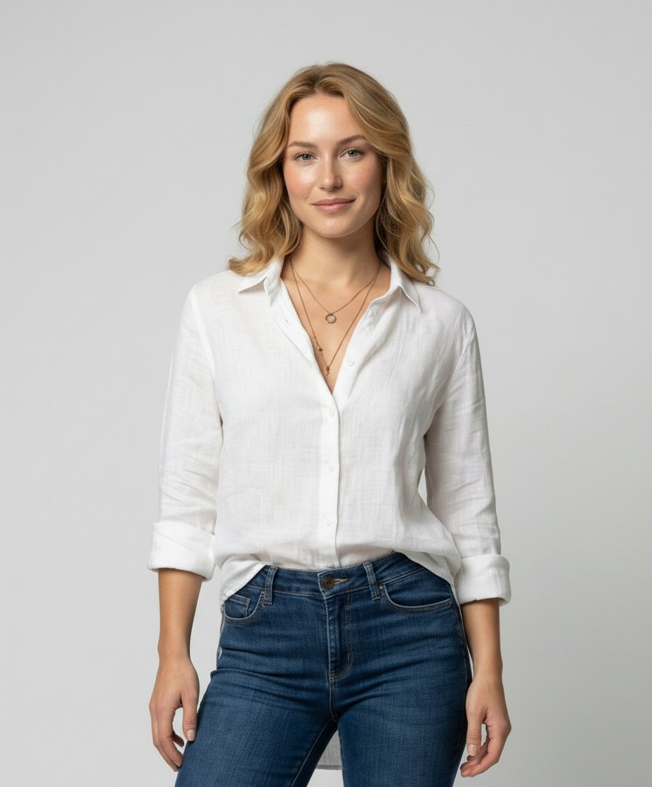 Damen Leinen-Bluse Dreiviertelarm Klassischer Kragen - White