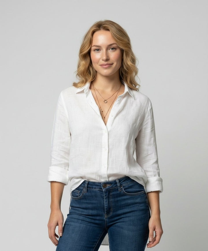 Damen Leinen-Bluse Dreiviertelarm Klassischer Kragen - White