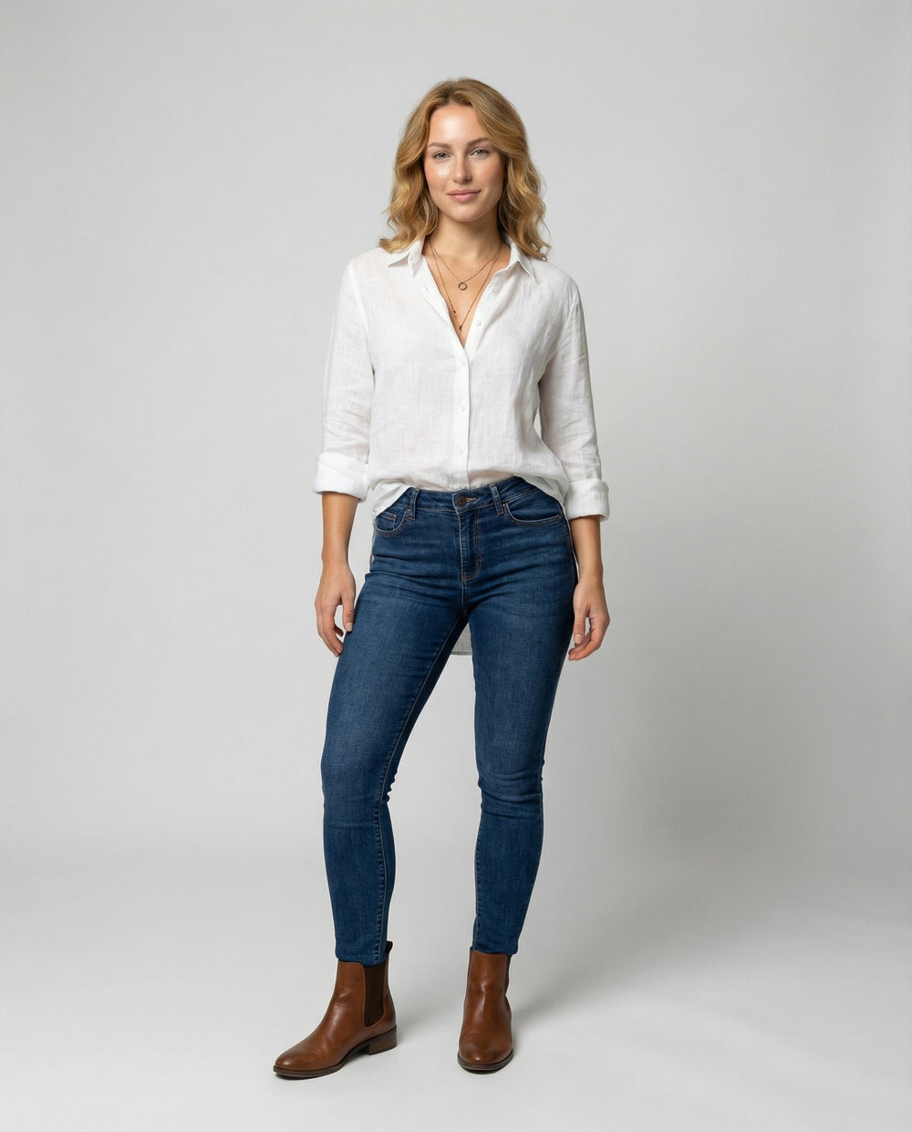 Damen Leinen-Bluse Dreiviertelarm Klassischer Kragen