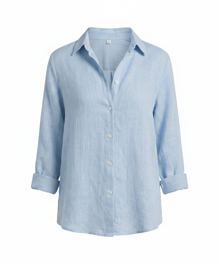Damen Leinen-Bluse Dreiviertelarm Klassischer Kragen - Blue