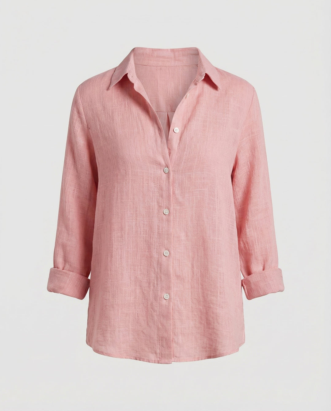 Damen Leinen-Bluse Dreiviertelarm Klassischer Kragen - Pink