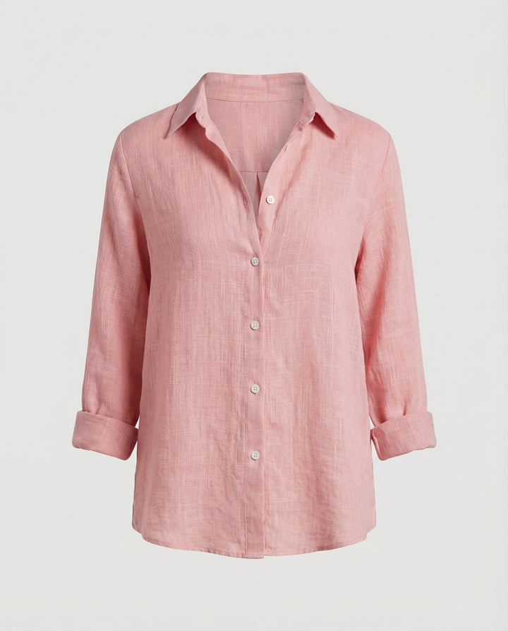 Damen Leinen-Bluse Dreiviertelarm Klassischer Kragen - Pink